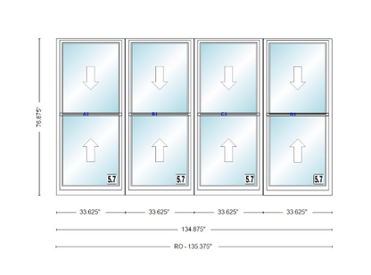 ANDERSEN Windows 400 Series Quad Double Hung 134-7/8" Wide Vinyl Exterior Wood Interior New Construction Low-E4 Dual Pane Argon Fill Glass Full Screens/Grilles/Tempered Optional