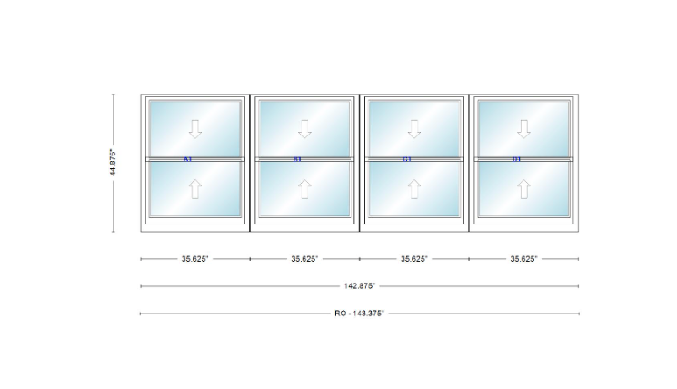 ANDERSEN Windows 400 Series Quad Double Hung 142-7/8" Wide Vinyl Exterior Wood Interior New Construction Low-E4 Dual Pane Argon Fill Glass Full Screens/Grilles/Tempered Optional
