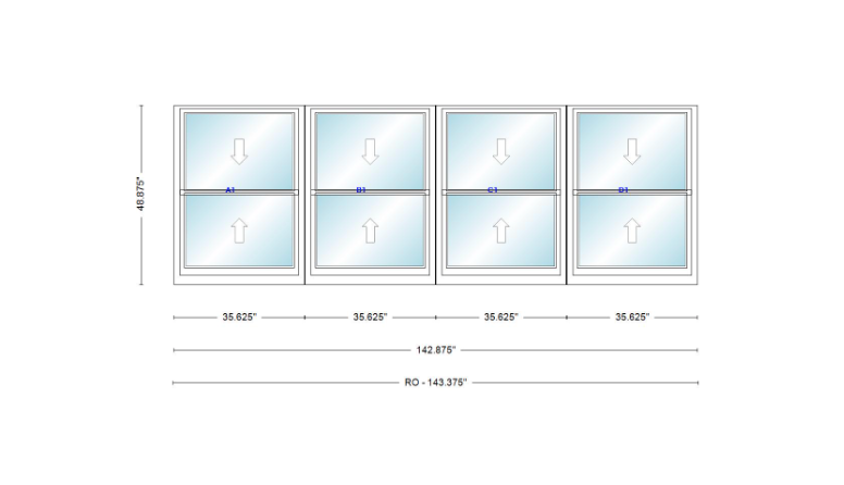 ANDERSEN Windows 400 Series Quad Double Hung 142-7/8" Wide Vinyl Exterior Wood Interior New Construction Low-E4 Dual Pane Argon Fill Glass Full Screens/Grilles/Tempered Optional
