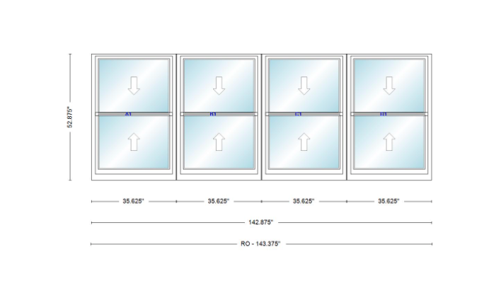 ANDERSEN Windows 400 Series Quad Double Hung 142-7/8" Wide Vinyl Exterior Wood Interior New Construction Low-E4 Dual Pane Argon Fill Glass Full Screens/Grilles/Tempered Optional