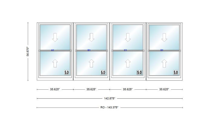 ANDERSEN Windows 400 Series Quad Double Hung 142-7/8" Wide Vinyl Exterior Wood Interior New Construction Low-E4 Dual Pane Argon Fill Glass Full Screens/Grilles/Tempered Optional