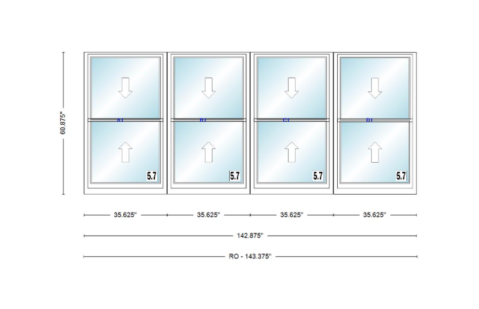 ANDERSEN Windows 400 Series Quad Double Hung 142-7/8" Wide Vinyl Exterior Wood Interior New Construction Low-E4 Dual Pane Argon Fill Glass Full Screens/Grilles/Tempered Optional