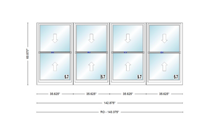 ANDERSEN Windows 400 Series Quad Double Hung 142-7/8" Wide Vinyl Exterior Wood Interior New Construction Low-E4 Dual Pane Argon Fill Glass Full Screens/Grilles/Tempered Optional