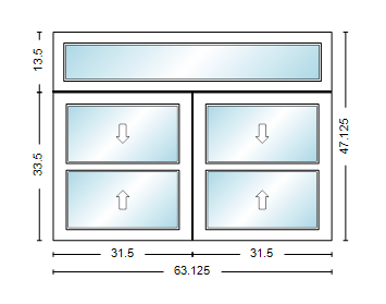 MI WINDOWS 1556 Twin Double Hung With Transom 63.125" Wide New Construction Vinyl Low-E Argon Full Screens Optional