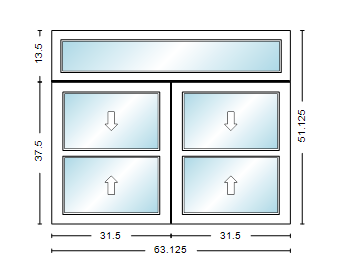 MI WINDOWS 1556 Twin Double Hung With Transom 63.125" Wide New Construction Vinyl Low-E Argon Full Screens Optional