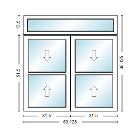 MI WINDOWS 1556 Twin Double Hung With Transom 63.125" Wide New Construction Vinyl Low-E Argon Full Screens Optional
