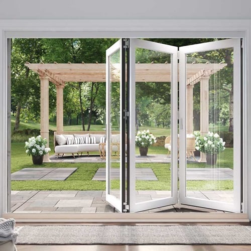 MARVIN Elevate 3 Panel Folding Door 106-7/64" Or 114-5/32" X 79 1/2", 82", 86", Or 95-1/2" Wood Interior Fiberglass Exterior Clear Tempered Low-E2 Argon Glass Bifold Foldable Door Knocked Down CN9065, CN9068, CN9070, CN9080, CN9865, CN9868, CN9870, CN9880