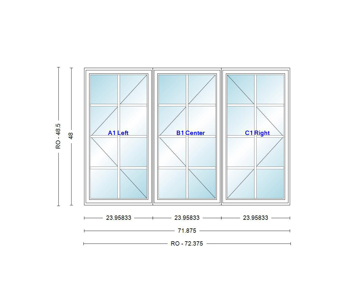 ANDERSEN Windows 400 Series LLR Venting Triple Casement 71-7/8" Wide Vinyl Exterior Wood Interior New Construction Low-E4 Dual Pane Argon Fill Glass Full Screens/Grilles/Tempered Optional C32, C325, C33, C335, C34, C345, Or C35