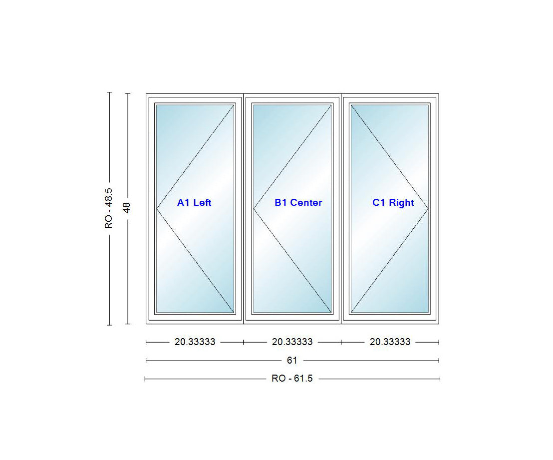 ANDERSEN Windows 400 Series LLR Venting Triple Casement 61" Wide Vinyl Exterior Wood Interior New Construction Low-E4 Dual Pane Argon Fill Glass Full Screens/Grilles/Tempered Optional CN32, CN325, CN33, CN335, CN34, CN345, OR CN35