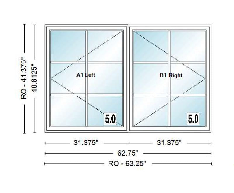 ANDERSEN IN STOCK 400 Series Twin Casement CX235 Frame Size: 62-3/4" X 40-13/16" Black Exterior Unfinished Pine Interior Dual Pane Low-E4 Standard Glass Contemporary White Hardware & White Screens Included 2W3H Grilles Between The Glass Black/White