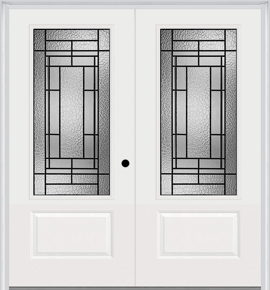 MMI TWIN/DOUBLE 3/4 LITE 1 PANEL 6'0" X 6'8" FIBERGLASS SMOOTH PEMBROOK PATINA DECORATIVE GLASS EXTERIOR PREHUNG DOOR 608