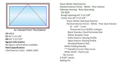 MARVIN IN STOCK Ultimate Awning CN4024 Frame Size: 40" X 23-1/8" Stone White Aluminum Clad Exterior White Painted Pine Interior 4-9/16" Jambs NO SCREEN White Hardware Black Perimeter Bar Tempered Low-E2/ERS W/ Argon Glass Nailing Fins