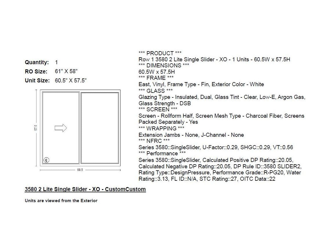 MI IN STOCK V2000 3580 Single Slider Window Frame Size: 60.5" X 57.5" White Vinyl Exterior & Interior Rollform Half Screen Included Dual Pane Low-E Argon Gas Clear Glass Egress Glider Window