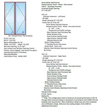 MARVIN IN STOCK Ultimate Twin Casement CN2884-2 Frame Size: 56" X 83-1/8" Stone White Aluminum Clad Exterior Painted White Pine Interior 4-9/16" Jambs White Hardware Black Perimeter Bar Stainless Steel Window Opening Control Device NO SCREENS