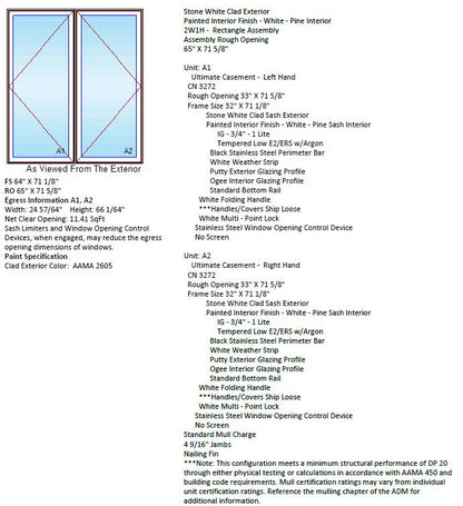 MARVIN IN STOCK Ultimate Twin Casement CN3272-2 Frame Size: 64" X 71-1/8" Stone White Aluminum Clad Exterior Painted White Pine Interior 4-9/16" Jambs White Hardware Black Perimeter Bar Stainless Steel Window Opening Control Device NO SCREENS