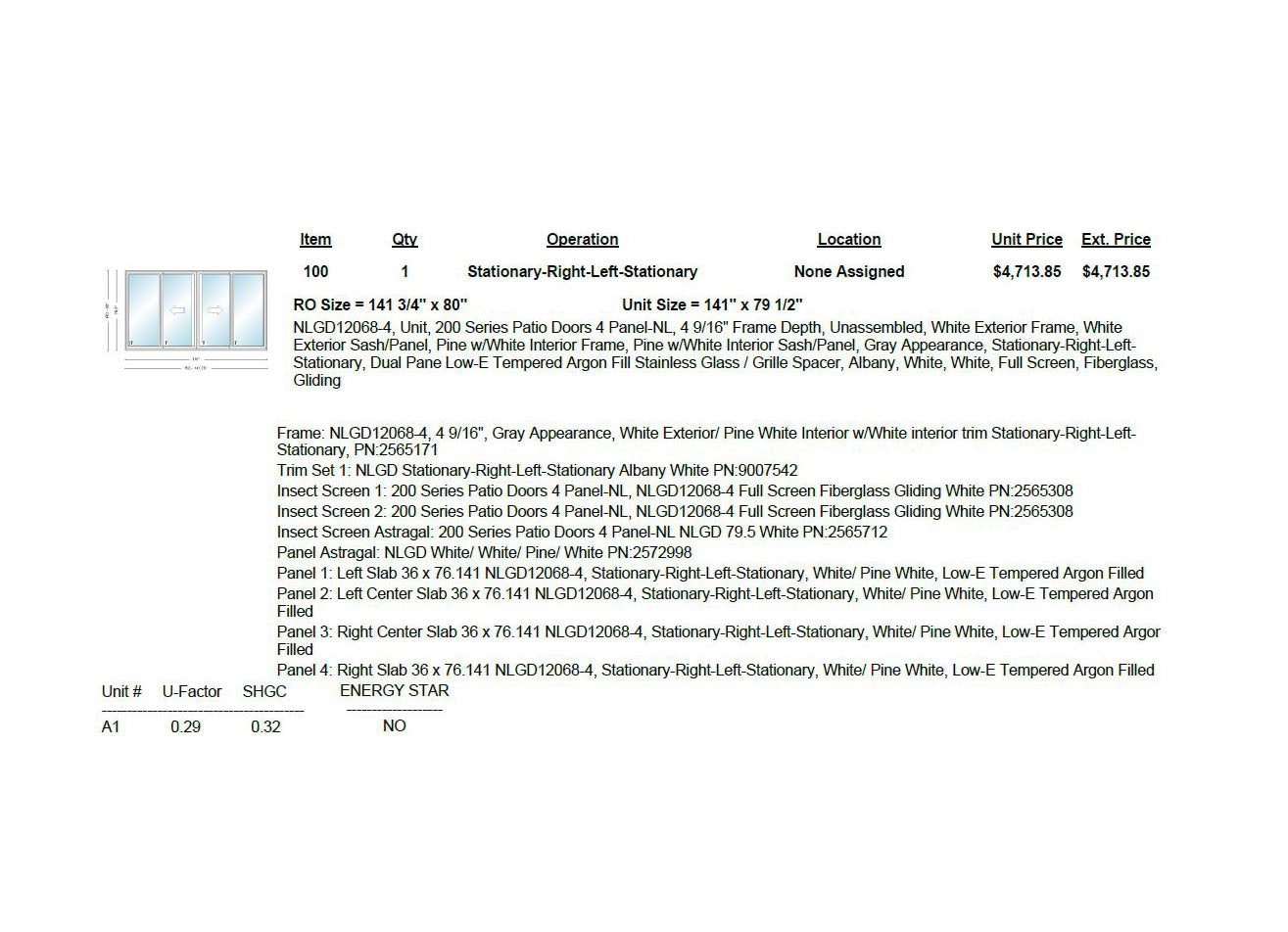 ANDERSEN IN STOCK 200 Series Narroline Unassembled Patio Door NLGD12068-4 OXXO Frame Size: 141" X 79.5" White Exterior White Painted Pine Interior Dual Pane Low-E Standard Glass Stainless Perimeter Bar Albany White Hardware & White Screen Included
