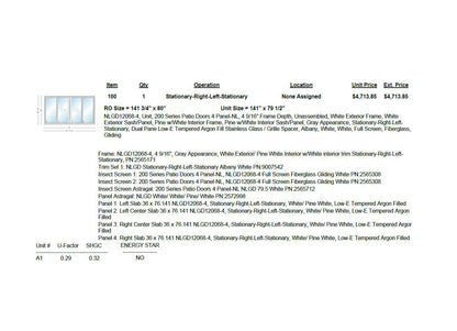 ANDERSEN IN STOCK 200 Series Narroline Unassembled Patio Door NLGD12068-4 OXXO Frame Size: 141" X 79.5" White Exterior White Painted Pine Interior Dual Pane Low-E Standard Glass Stainless Perimeter Bar Albany White Hardware & White Screen Included