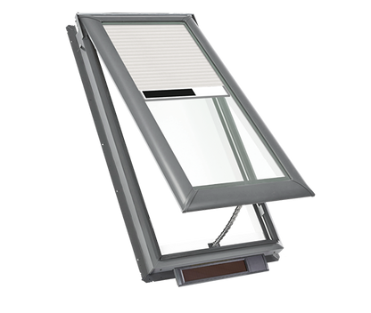 VELUX VSS Or VSE 30-9/16" Outside Frame Width Deck Mounted Vented Solar Or Electric 'Fresh Air' Pitched Roof Skylights Step Flashing Optional White Shades Included M02, M04, M06, Or M08