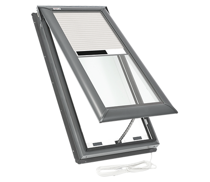 VELUX VSS Or VSE 30-9/16" Outside Frame Width Deck Mounted Vented Solar Or Electric 'Fresh Air' Pitched Roof Skylights Step Flashing Optional White Shades Included M02, M04, M06, Or M08