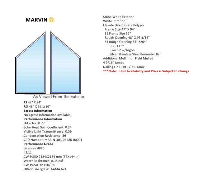 MARVIN IN STOCK Elevate Direct Glaze Trapezoid Window P4-5/P4-6 Frame Size: 47" X 55" X 94" Stone White Exterior White Interior Dual Pane Low-E2 Standard Glass Silver Perimeter Bar