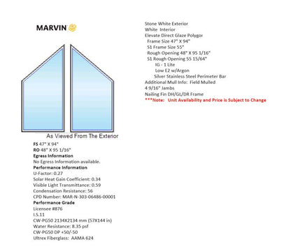 MARVIN IN STOCK Elevate Direct Glaze Trapezoid Window P4-5/P4-6 Frame Size: 47" X 55" X 94" Stone White Exterior White Interior Dual Pane Low-E2 Standard Glass Silver Perimeter Bar