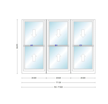ANDERSEN Windows 400 Series Triple Double Hung Venting Window 77-1/8" Equal Sash Vinyl Exterior Wood Interior Low-E4 Dual Pane Glass Full Screen/Grilles/Tempered Optional TW20310-3, TW2042-3, TW2046-3, TW20410-3, Or TW2052-3