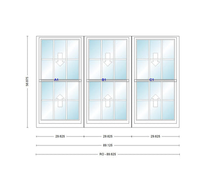 ANDERSEN Windows 400 Series Triple Double Hung Venting Window 89-1/8" Equal Sash Vinyl Exterior Wood Interior Low-E4 Dual Pane Glass Full Screen/Grilles/Tempered Optional TW24310-3, TW2442-3, TW2446-3, TW24410-3, Or TW2452-3