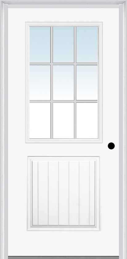 MMI 1/2 Lite 1 Panel Planked 3'0" X 6'8" Fiberglass Smooth White Grilles Between Glass Exterior Prehung Door 683 GBG