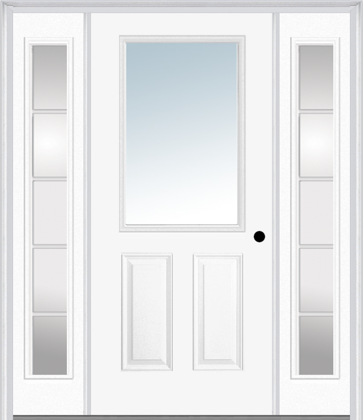 MMI 1/2 Lite 2 Panel 3'0" X 6'8" Fiberglass Smooth Exterior Prehung Door With 2 Full Lite SDL Grilles Glass Sidelights 122
