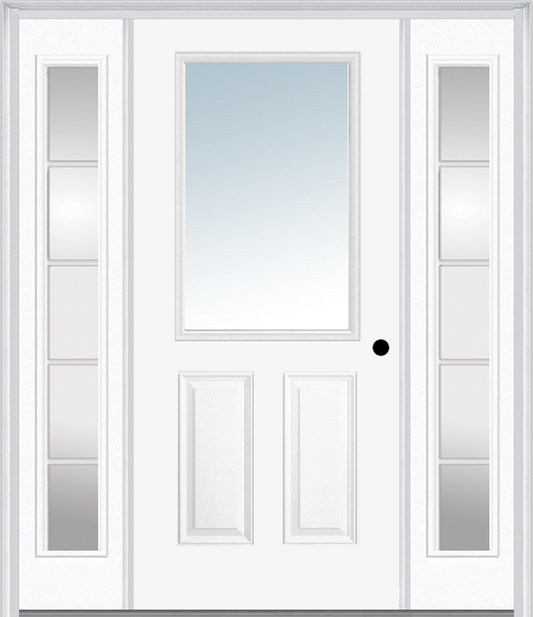 MMI 1/2 Lite 2 Panel 3'0" X 6'8" Fiberglass Smooth Exterior Prehung Door With 2 Full Lite SDL Grilles Glass Sidelights 122