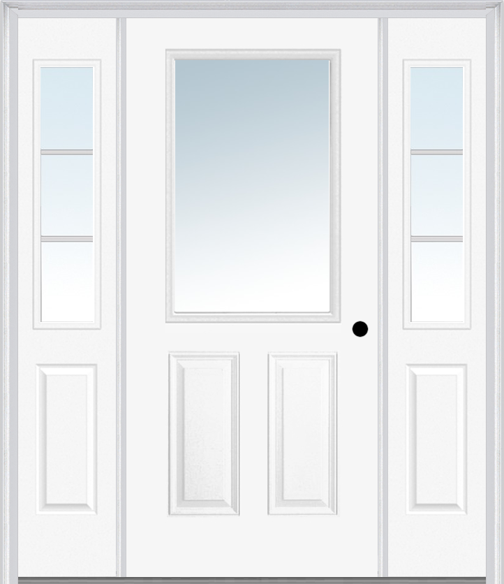 MMI 1/2 Lite 2 Panel 3'0" X 6'8" Fiberglass Smooth Exterior Prehung Door With 2 Half Lite SDL Grilles Glass Sidelights 122
