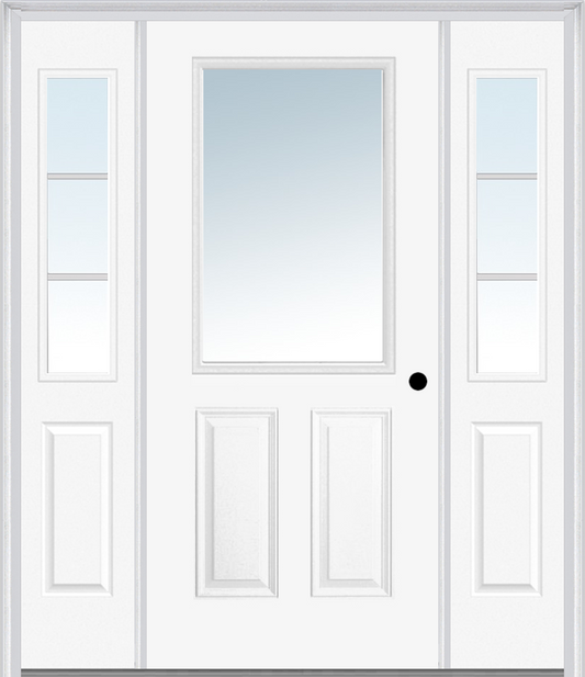 MMI 1/2 Lite 2 Panel 3'0" X 6'8" Fiberglass Smooth Exterior Prehung Door With 2 Half Lite SDL Grilles Glass Sidelights 122