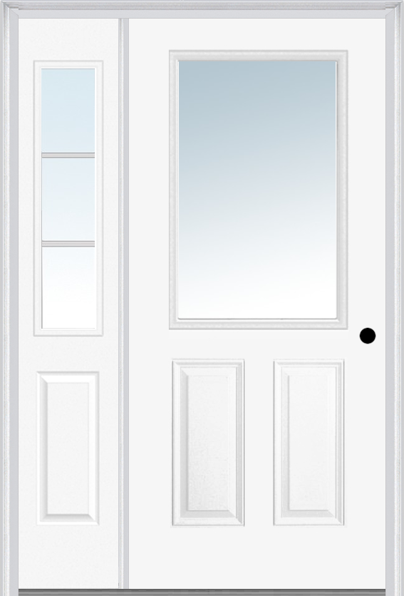 MMI 1/2 Lite 2 Panel 3'0" X 6'8" Fiberglass Smooth Exterior Prehung Door With 1 Half Lite SDL Grilles Glass Sidelight 122