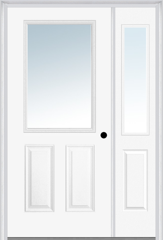 MMI 1/2 Lite 2 Panel 3'0" X 6'8" Fiberglass Smooth Exterior Prehung Door With 1 Half Lite Clear Glass Sidelight 122