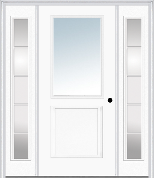 MMI 1/2 Lite 1 Panel 3'0" X 6'8" Fiberglass Smooth Exterior Prehung Door With 2 Full Lite SDL Grilles Glass Sidelights 682