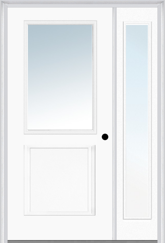 MMI 1/2 Lite 1 Panel 3'0" X 6'8" Fiberglass Smooth Exterior Prehung Door With 1 Full Lite Clear Glass Sidelight 682