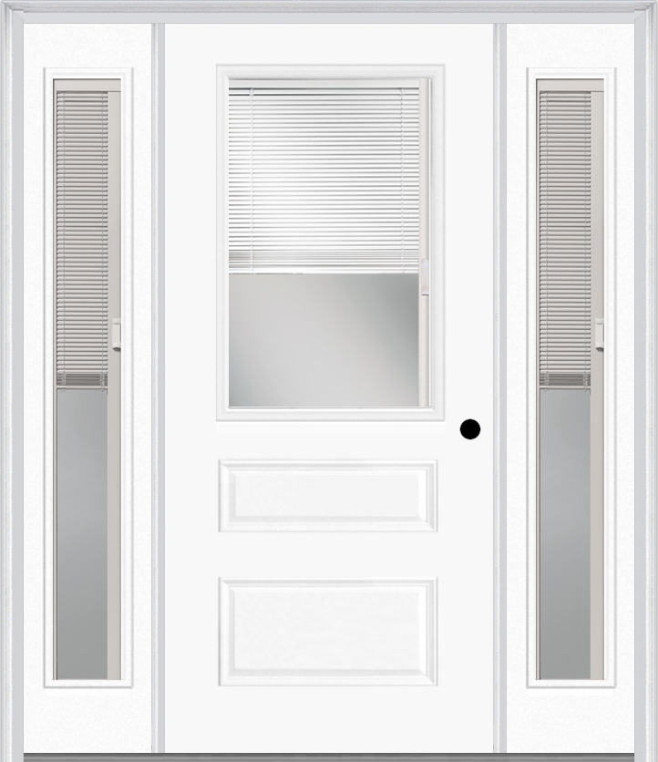 MMI 1/2 Lite Horizontal 2 Panel Raise/Lower Blinds 3'0" X 6'8" Fiberglass Smooth Exterior Prehung Door With 2 Full Lite Raise/Lower Blinds Clear Glass Sidelights 631 RLB 690 RLB