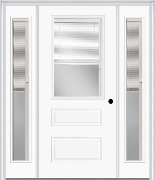 MMI 1/2 Lite Horizontal 2 Panel Raise/Lower Blinds 3'0" X 6'8" Fiberglass Smooth Exterior Prehung Door With 2 Full Lite Raise/Lower Blinds Clear Glass Sidelights 631 RLB 690 RLB