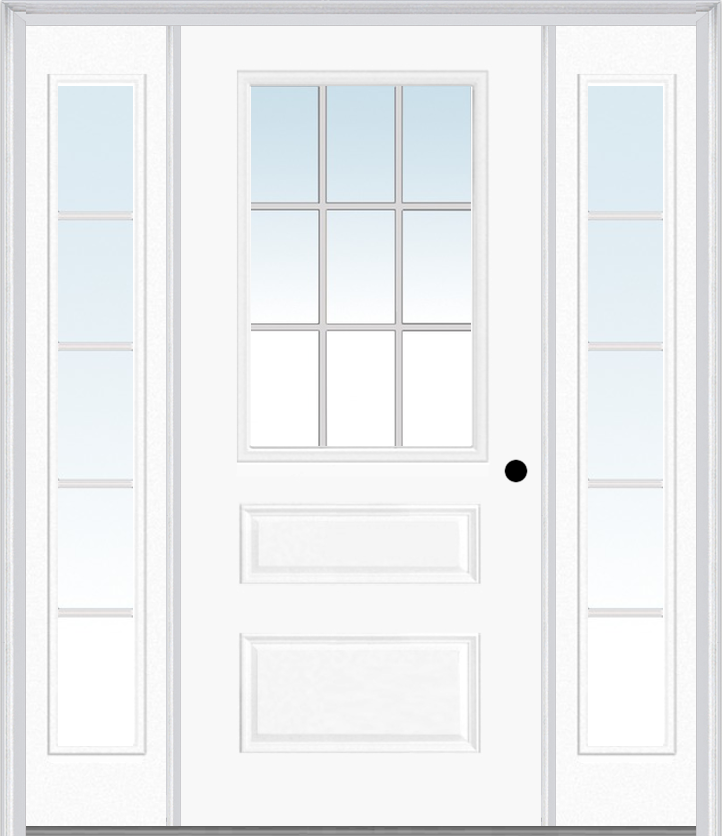 MMI 1/2 Lite Horizontal 2 Panel 3'0" X 6'8" Fiberglass Smooth Exterior Prehung Door With 2 Full Lite White Grilles Between Glass Sidelights 631 GBG 690 GBG