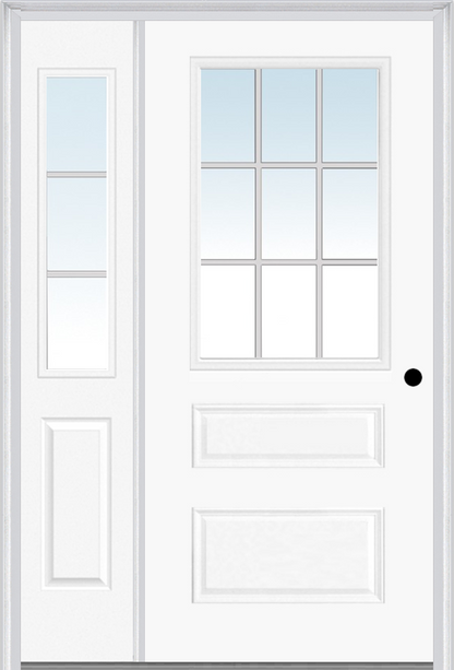 MMI 1/2 Lite Horizontal 2 Panel 3'0" X 6'8" Fiberglass Smooth White Grilles Between Glass Exterior Prehung Door With 1 Half Lite White Grilles Between Glass Sidelight 631 GBG 692 GBG