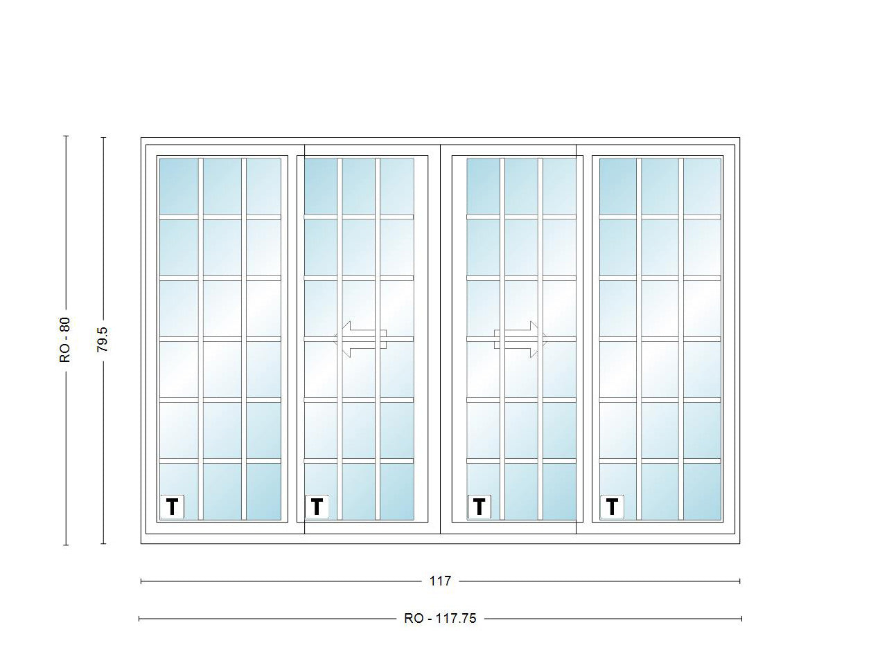 ANDERSEN NLGD10068-4 200 Series Narroline 117" X 79-1/2" Sliding/Gliding Dual Pane Low-E Tempered Stainless Glass 4 Panel OXXO Unassembled Patio Door Grilles/Screen Options