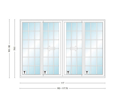 ANDERSEN NLGD10068-4 200 Series Narroline 117" X 79-1/2" Sliding/Gliding Dual Pane Low-E Tempered Stainless Glass 4 Panel OXXO Unassembled Patio Door Grilles/Screen Options