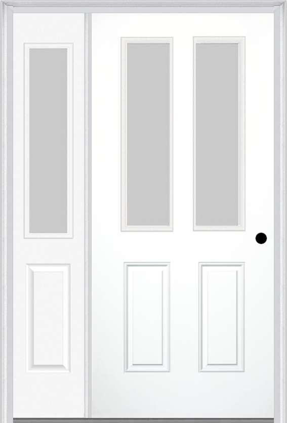 MMI 2-1/2 Lite 2 Panel 3'0" X 6'8" Textured/Privacy Fiberglass Smooth Exterior Prehung Door With 1 Half Lite Textured/Privacy Glass Sidelight 692