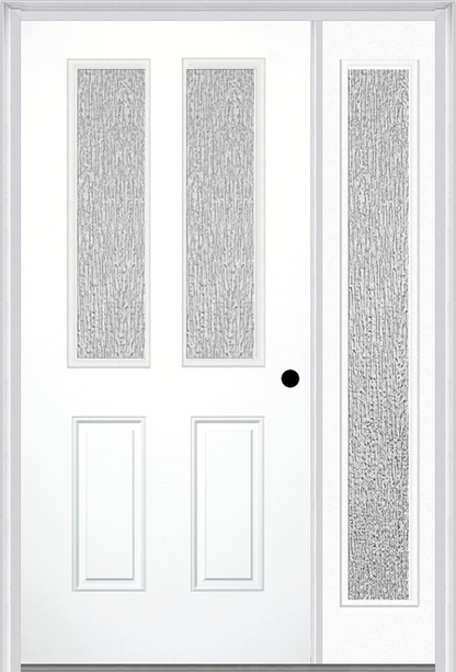 MMI 2-1/2 Lite 2 Panel 3'0" X 6'8" Textured/Privacy Fiberglass Smooth Exterior Prehung Door With 1 Half Lite Textured/Privacy Glass Sidelight 692