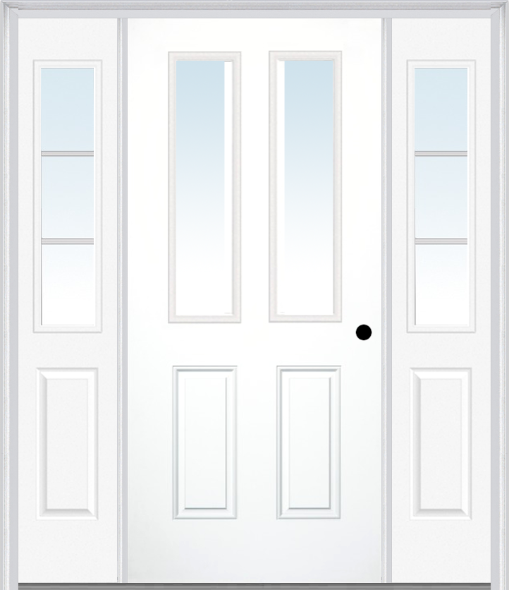 MMI 2-1/2 Lite 2 Panel 3'0" X 6'8" Fiberglass Smooth Exterior Prehung Door With 2 Half Lite SDL Grilles Glass Sidelights 62
