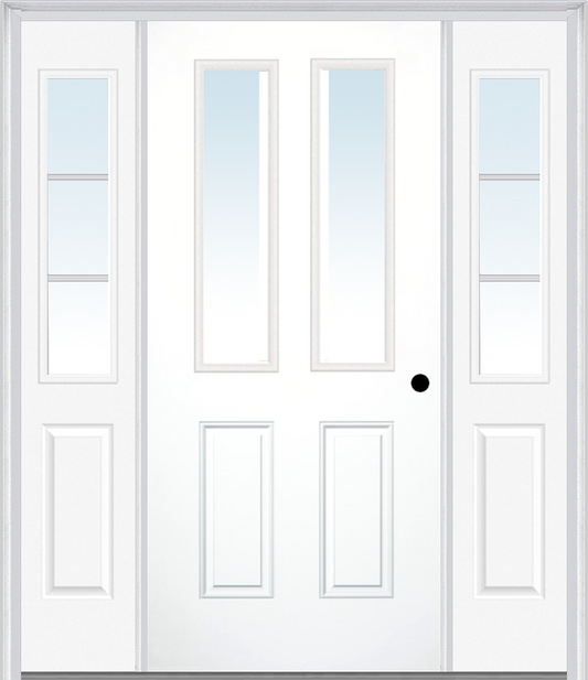 MMI 2-1/2 Lite 2 Panel 3'0" X 6'8" Fiberglass Smooth Exterior Prehung Door With 2 Half Lite SDL Grilles Glass Sidelights 62