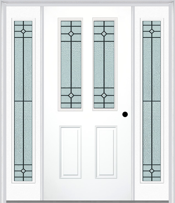 MMI 2-1/2 Lite 2 Panel 6'8" Fiberglass Smooth Beaufort Patina Exterior Prehung Door With 2 Full Lite Beaufort Patina Decorative Glass Sidelights 692
