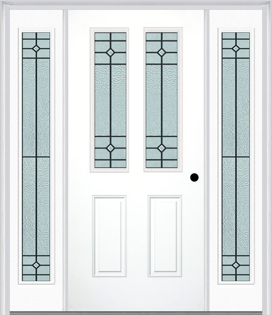 MMI 2-1/2 Lite 2 Panel 6'8" Fiberglass Smooth Beaufort Patina Exterior Prehung Door With 2 Full Lite Beaufort Patina Decorative Glass Sidelights 692