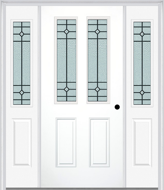 MMI 2-1/2 Lite 2 Panel 6'8" Fiberglass Smooth Beaufort Patina Exterior Prehung Door With 2 Half Lite Beaufort Patina Decorative Glass Sidelights 692