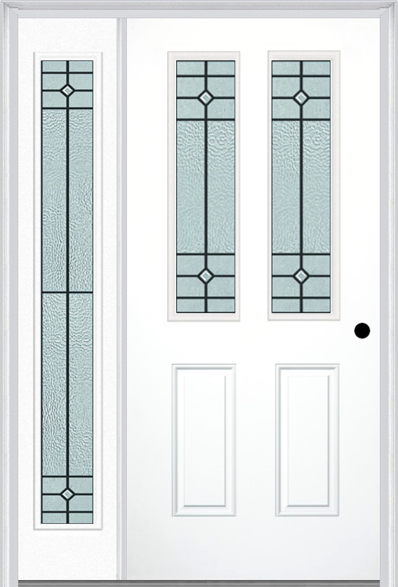 MMI 2-1/2 Lite 2 Panel 6'8" Fiberglass Smooth Beaufort Patina Exterior Prehung Door With 1 Full Lite Beaufort Patina Decorative Glass Sidelight 692